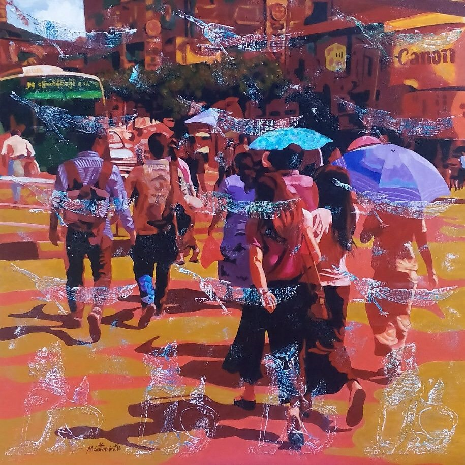 Myint San Myint_Lions And Peacocks(1)_acrylic on canvas, silkscreen_91x91cm_2016_karinwebergallery