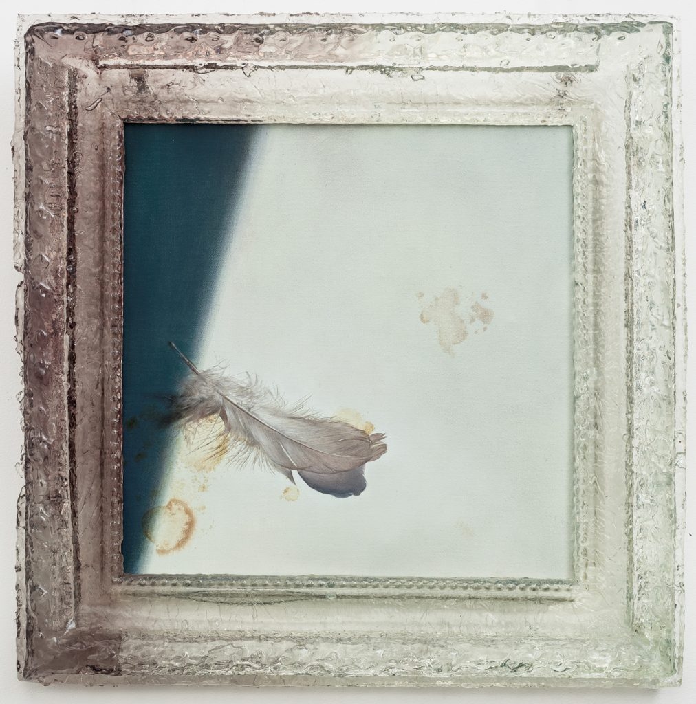 Lu Zhengyuan, Light Grey 3.00 pm, oil on canvas, crystal resin frame, 48 x 48 cm, 2016