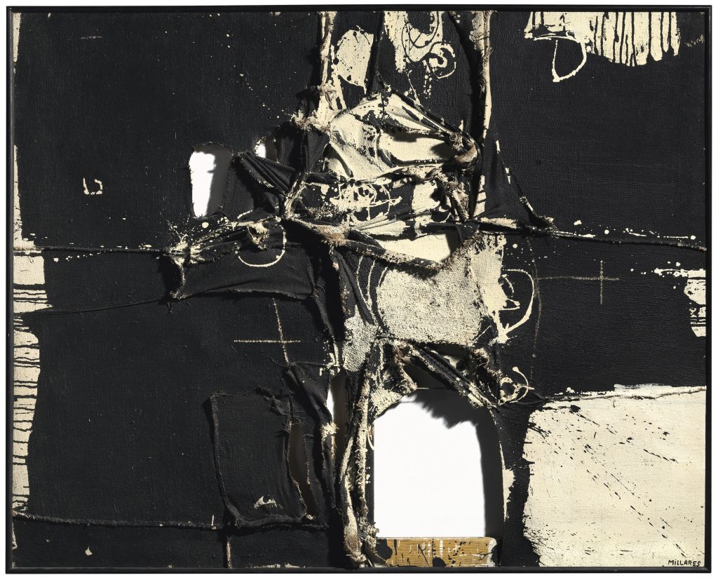 Manolo Millares, "Cuadro 64 (3)," 1959. Mixed media on burlap, 131 x 162.6 cm.