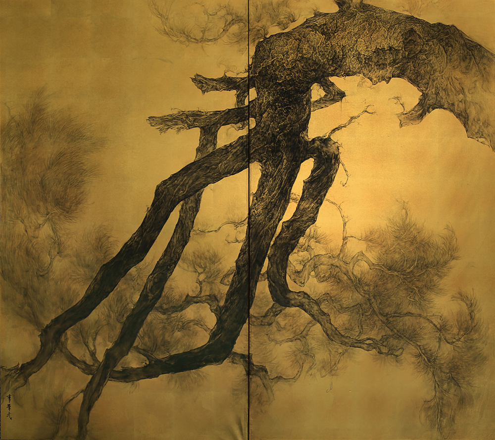 Li Huayi 
Longevity  
2016 
Ink and antique Japanese gold foil screen  
157 x 173.5cm
