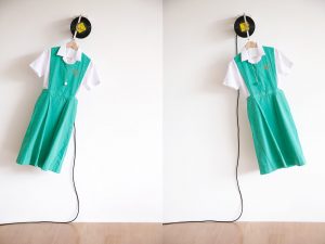 2016
Belilios Public School uniform, cloth hanger, 1967 Hong Kong 50-cent coins, vinyl record This Is My Song by Petula Clark (1967), motor
134 x 68 x 19 cm (Still)