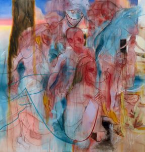 Nigel Cooke, 

Sunset Bathers, 2018, 

oil on linen backed with sailcloth, 
230 cm × 220 cm × 5 cm (90-9/16" × 86-5/8" × 1-15/16"), 

PAINTING, 

No. 70249, 

format of photography: digital, 
name of photographer: Robert Glowacki, 
date of photography: 26/09/2018