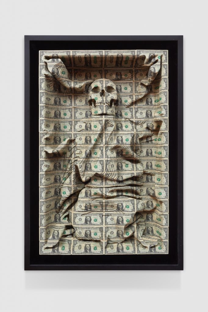 Scott Campbell, All the cares in the world, 2018
Cut US currency, 113.7 x 76.2 x 20.3 cm