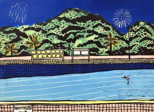 (pop up page) Fireworks Over The Swimming Pool_June Ho_linocut_29.7 x 42cm_2 editions_2022_karinwebergallery